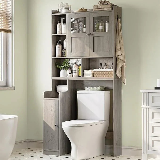 Itaar Over The Toilet Storage Cabinet, Over Toilet Bathroom Organizer with Glass Doors & Toilet Paper Holder Stand, Home Space-Saving Toilet Rack, for Bathroom, Restroom, Laundry, Grey - ModernBath