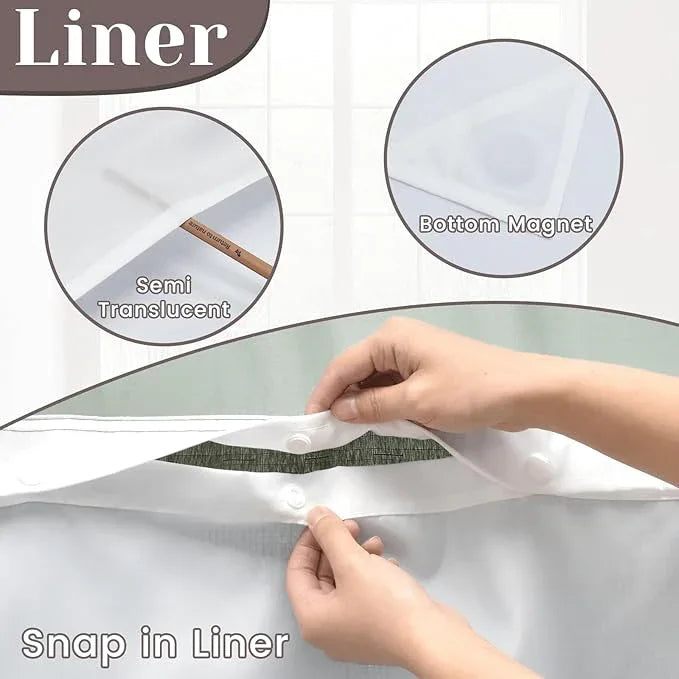 SORTTO No Hook Slub Textured Shower Curtain with Snap in Liner - Dark Green Fabric Outer Curtain & Waterproof Inner Liner, Hotel Style with See Through Top Window, 71x74 in - ModernBath