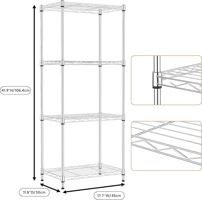 4 Tiers Shelf Metal Storage Shelves Wire Rack Closet Organizers with Wheel for Garage Kitchen Bathroom Laundry Chrome 11.8" D x 17.7" W x 41.9" H - ModernBath