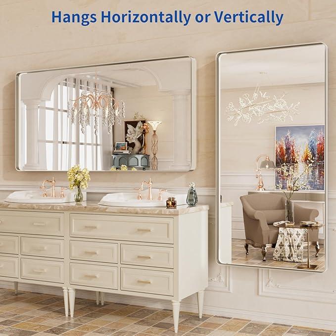 WEER 60X30 Inch Brushed Nickel Bathroom Mirror, Brushed Silver Metal Frame Mirror, Rounded Rectangle Silver Bathroom Vanity Mirror, Tempered Glass, Anti-Rust, Hangs Horizontally or Vertically - ModernBath