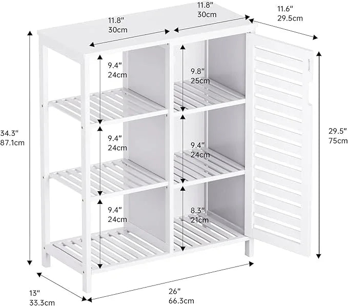HITNET Bathroom Cabinet Freestanding, Bamboo Floor Cabinet, Side Storage Organizer with Door and 3 Shelves, Living Room Kitchen Cupboard, White - ModernBath