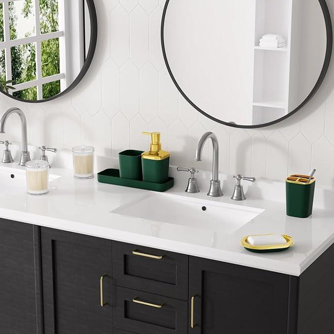 XLHOMO Dark Green Bathroom Accessories Set, Green and Gold Bathroom Accessories with Trash Can, Soap Dispenser, Soap Dish, Toothbrush Holder and Q-tip Holders - ModernBath