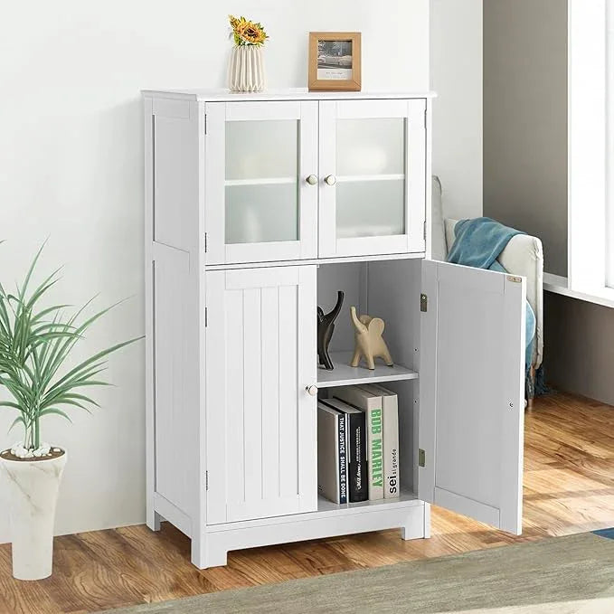 GOFLAME Bathroom Storage Cabinet, Freestanding Storage Cabinet with 4 Doors, Wooden Kitchen Cupboard with Adjustable Shelf, Buffet Sideboard, Multipurpose Home Organizer for Bathroom, Kitchen, White - ModernBath