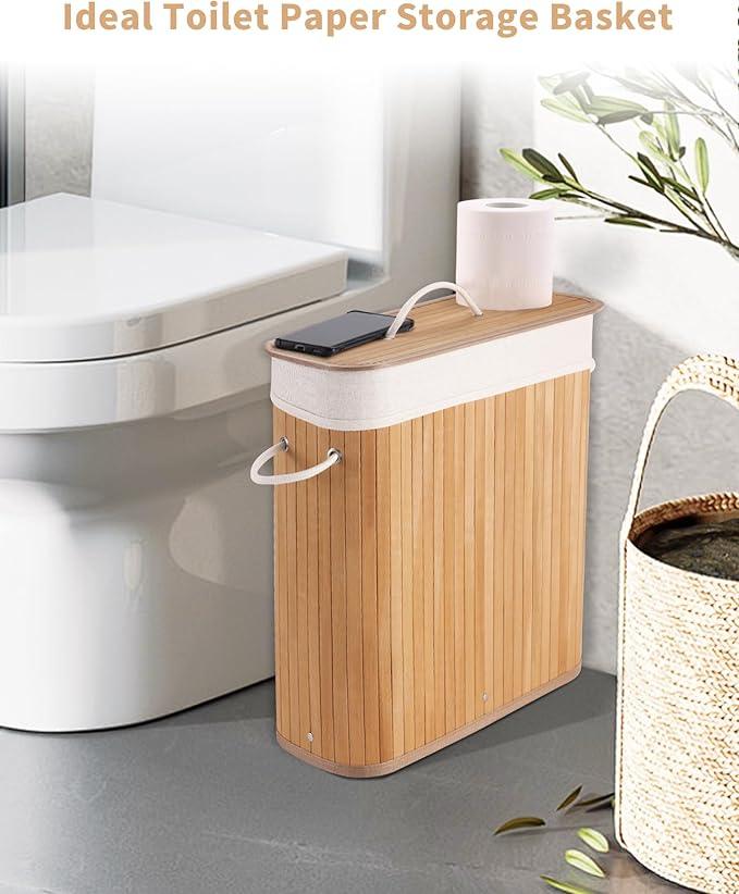 Bamboo Toilet Paper Storage with Lid & Handel, 8 Gallons (30L), Sturdy Toilet Paper Basket, Organizer for Bathroom, Kitchen, Holder with Storage, Natural - ModernBath