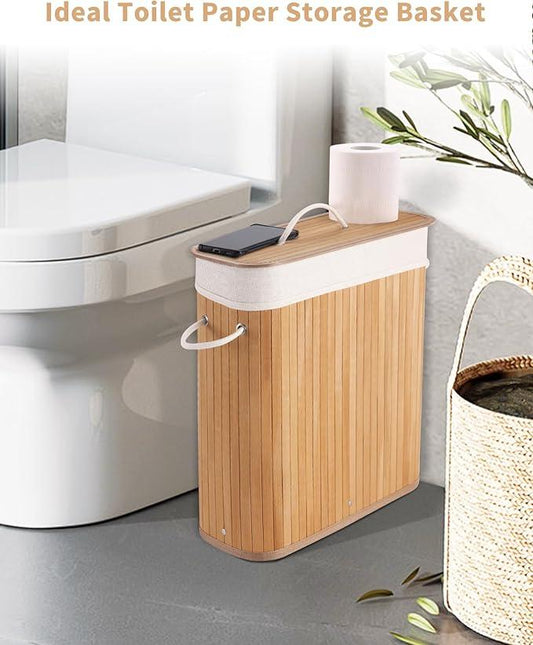 Bamboo Toilet Paper Storage with Lid & Handel, 8 Gallons (30L), Sturdy Toilet Paper Basket, Organizer for Bathroom, Kitchen, Holder with Storage, Natural - ModernBath