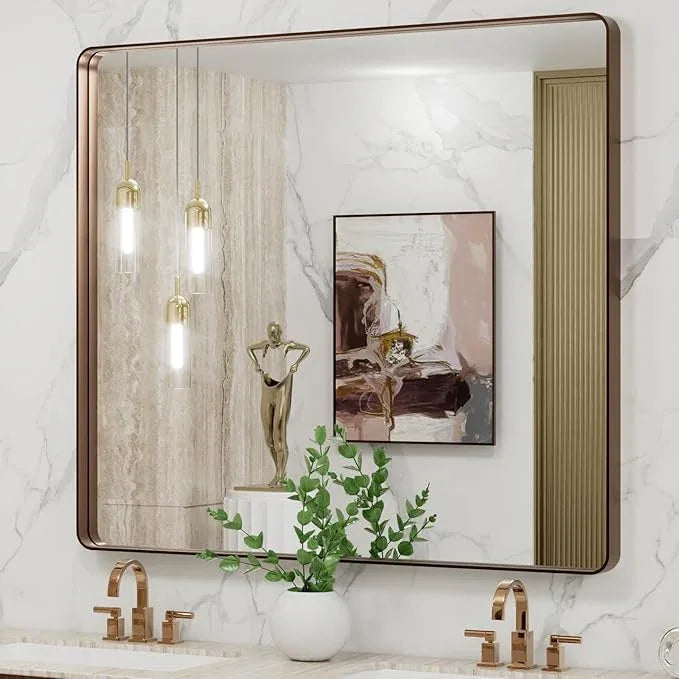 LOAAO 40”X36” Bronze Bathroom Mirrors for Vanity, Rounded Rectangle Brushed Bronze Metal Frame Mirror, Anti-Rust, Tempered Glass, Hangs Horizontally or Vertically - ModernBath