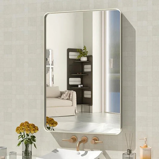 WEER 20X30 Inch Brushed Nickel Bathroom Mirror, Brushed Silver Metal Frame Mirror, Rounded Rectangle Silver Bathroom Vanity Mirror, Tempered Glass, Anti-Rust, Hangs Horizontally or Vertically - ModernBath