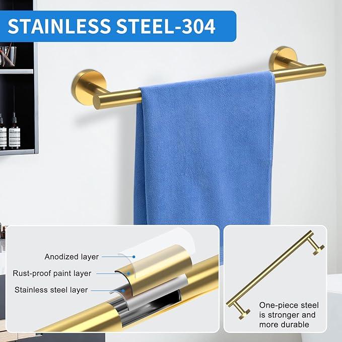 Brushed Gold Bathroom Accessories, Bathroom Hardware Set, SUS304 Stainless Steel Bathroom Towel Holder Set, 16 Inch Towel Bar Set 5 Pcs, 2 Towel Hooks, Toilet Paper Holder, Towel Ring - ModernBath