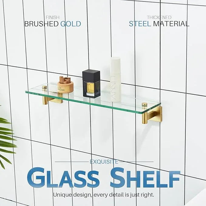 KOKOSIRI Wall Shelves Floating Shelf 20-Inch Stainless Steel Bathroom Hardware Tempered Glass Kitchen Hanging for Storage/Room Decor Gold B1105BG-L20 - ModernBath