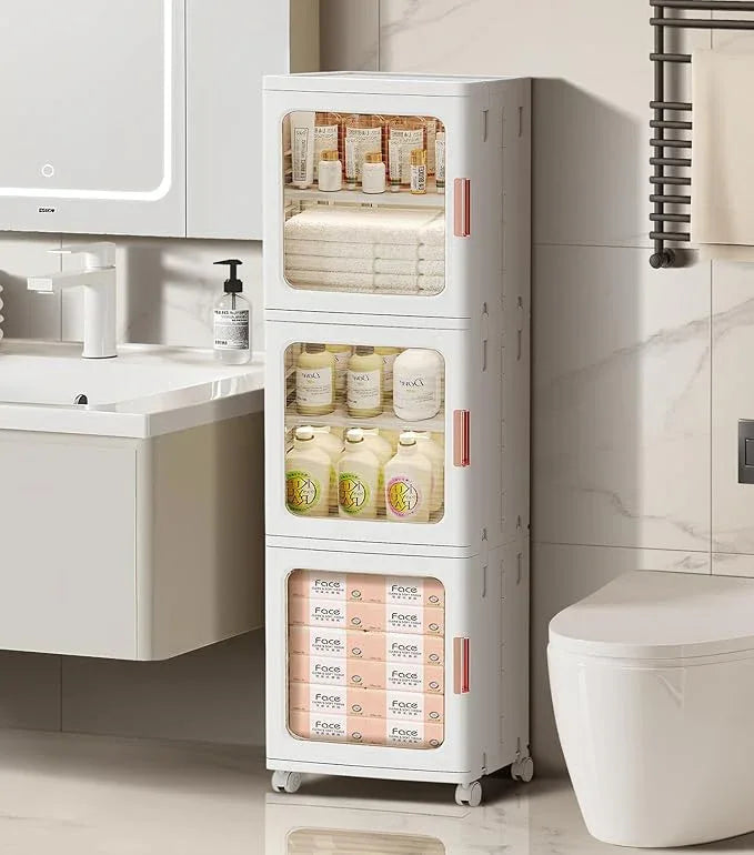 3-Tier Slim Narrow Bathroom Storage Cabinet with Movable Wheels and Adjustable Shelves Plastic Cabinets with Doors Foldable Small Spaces Organizers for Kitchen Laundry Bedroom Pantry,White - ModernBath