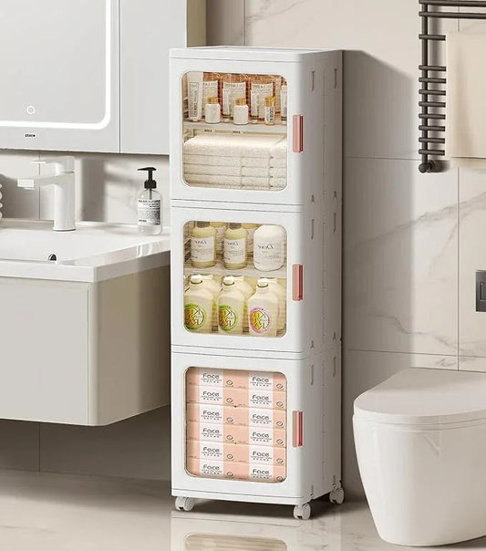 3-Tier Slim Narrow Bathroom Storage Cabinet with Movable Wheels and Adjustable Shelves Plastic Cabinets with Doors Foldable Small Spaces Organizers for Kitchen Laundry Bedroom Pantry,White - ModernBath