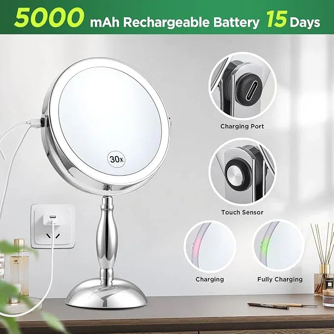 DASLAVA 30x Magnifying Mirror, Lighted Makeup Mirror with 3 Colors Modes & Adjustable Brightness, 5000mAh Rechargeable, 360° Rotation Double Side, Large Magnifying Vanity Mirror, Gifts for Women - ModernBath