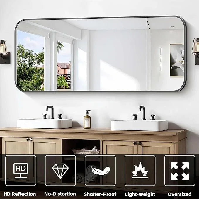 CIVENO Bathroom Mirror, 60 x 24 inch Metal Framed Black Rectangle Mirror, Rounded Corner Rectangular Vanity Mirror, Large Wall Mounted Mirror for Modern Bedroom Living Room Horizontal or Vertical - ModernBath