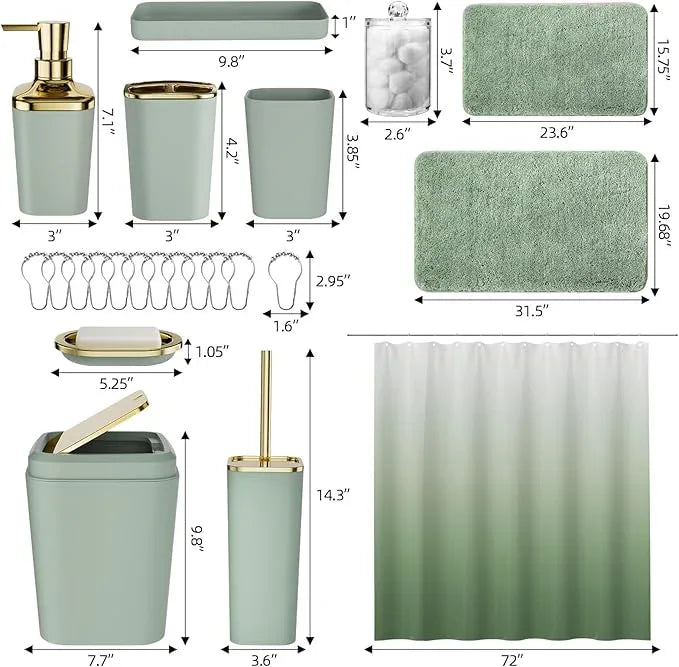 XLHOMO Sage Green Bathroom Set - 24PC Bathroom Sets with Shower Curtain and Rugs, Sage Green Bathroom Accessories Set with Press-on Lid Bathroom Trash Can, Soap Dispenser - ModernBath