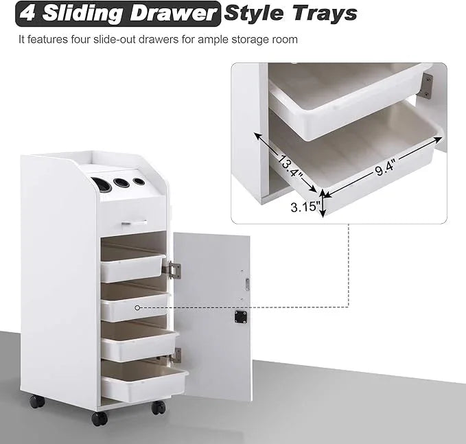 BarberPub Beauty Salon Trolley Storage Cart Hair Dryer Holder Stylist Equipment with Lockable Rolling Wheels, Drawer (White) - ModernBath