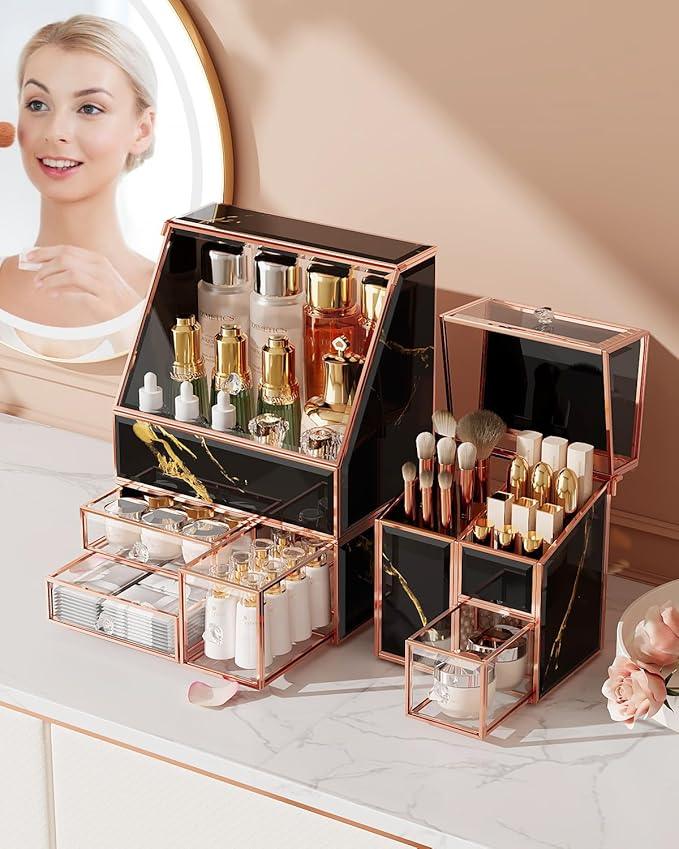CoralHouse Makeup Organizer Black,Glass Vanity Organizer for Skincare, Perfume, Brushes & Lipsticks – Countertop Makeup Storage Box for Women, Bathroom or Dresser - ModernBath