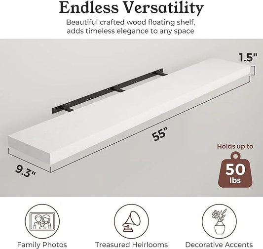 Floating Shelves for Wall, Wall Mounted Rustic Wood Shelves for Bathroom, Bedroom, Living Room, Kitchen, Hanging Shelf for Books/Storage/Room Decor (White, 55") - ModernBath