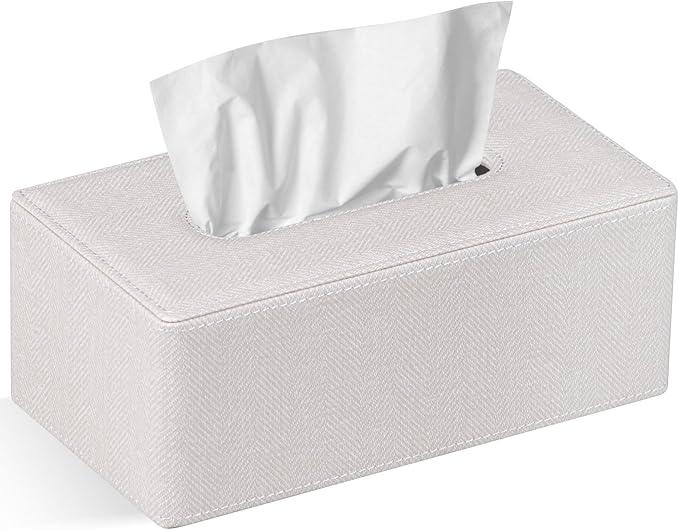 GOLRANLYE Tissue Box Cover Rectangular 9.8"(L) x 5.3"(W) x 4.3"(H) Refined Modern PU Leather Facial Tissue Dispenser Box Holder for Dresser Bathroom Decorative (Linen Beige) - ModernBath