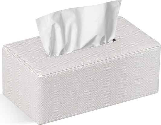 GOLRANLYE Tissue Box Cover Rectangular 9.8"(L) x 5.3"(W) x 4.3"(H) Refined Modern PU Leather Facial Tissue Dispenser Box Holder for Dresser Bathroom Decorative (Linen Beige) - ModernBath
