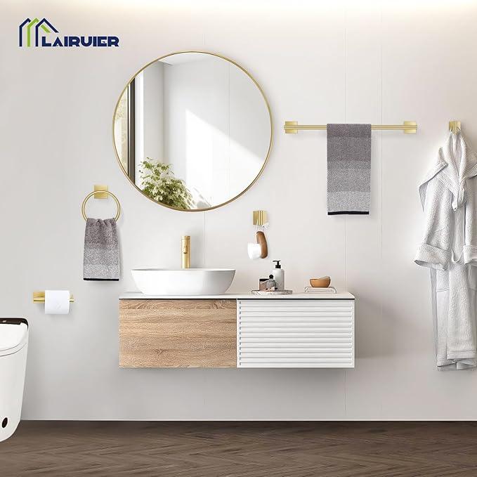 5 Pieces Bathroom Hardware Set Brushed Gold Towel Bar Set Includes 23.6” Towel Bar, Towel Ring Holder, Toilet Paper Holder and Two Towel Hooks, Bathroom Accessories Set SUS304 Wall Mounted - ModernBath