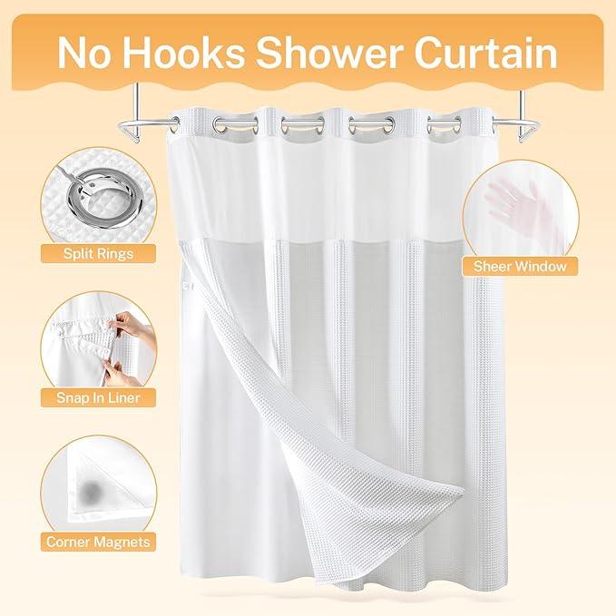 River Dream Extra Long Shower Curtain Set, Cotton Blend, Waffle Weave, with Snap in Replacement Liner, White, 71 x 86 inches - ModernBath