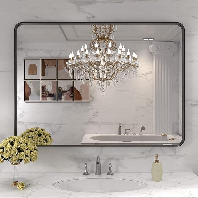 LOAAO 40X30 Inch Black Metal Framed Bathroom Mirror for Wall, Matte Black Bathroom Vanity Mirror Farmhouse, Large Rounded Rectangle Mirror, Anti-Rust, Tempered Glass, Hangs Horizontally or Vertically - ModernBath