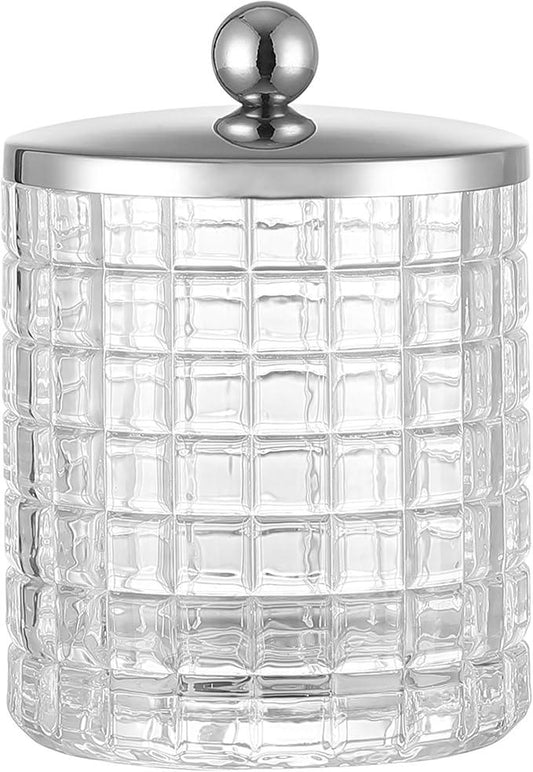 Indecor Home Glass Cotton Jar Holder Silver Lid, Elegant Bathroom Storage Canister for Qtips, Cotton Balls, Floss, Makeup Organizer, Vanity Bathroom Organization - ModernBath