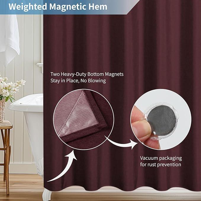 THAIGEE 2-in-1 Waterproof Fabric Shower Curtain or Liner,Linen Textured,Breathable TPU & Washable Bathroom Shower Curtain Set with 12 Plastic Hooks,Modern,72"x72" Burgundy - ModernBath