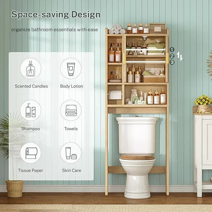 TEENFON Over The Toilet Storage Cabinet with 4 Open Shelves and 2 Fluted Doors, Extra Tall Bathroom Organizer Unit with Adjustable Shelf, Home Space Saver for Bathroom, Laundry Room, Natural - ModernBath
