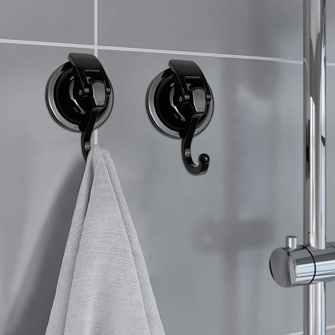 Heavy Duty Vacuum Shower Hooks - Glass Suction Cup Hooks, Reusable, No Hole Punched, for Bathroom Robe and Garland Decoration (Black, 2 Pack) - ModernBath