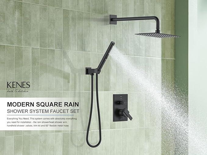 KENES Matte Black Rainfall Bathroom Shower System Rain Shower Head and Handle Set, Shower Faucet Set with 10-Inch Rain Showerhead and Handheld Spray, (Shower Valve Included), LJ-6026A-2 - ModernBath