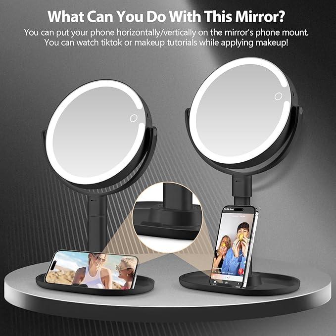 MIYADIVA Makeup Mirror with Lights, 30X Magnifying Mirror with Light and Touch Switch, Vanity Mirror with 3 Color Light and 80 LEDs, Height Adjustable Desk Mirror with Lights, Black - ModernBath