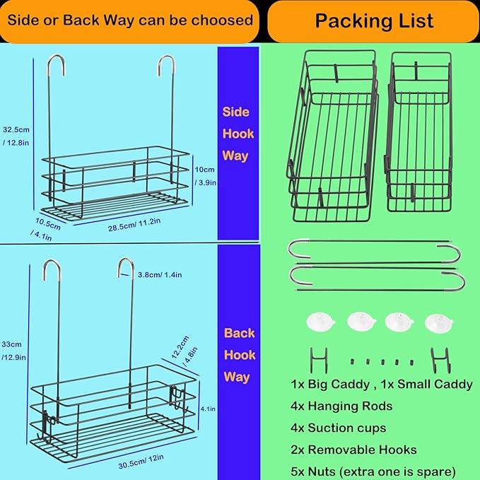Seltomer 2pcs Single-Layer Shower Caddy Hanging Shower Orangizer Stainless Steel Shower Rack with Hooks Over The Door, Shampoo Basket Storage (Black) - ModernBath