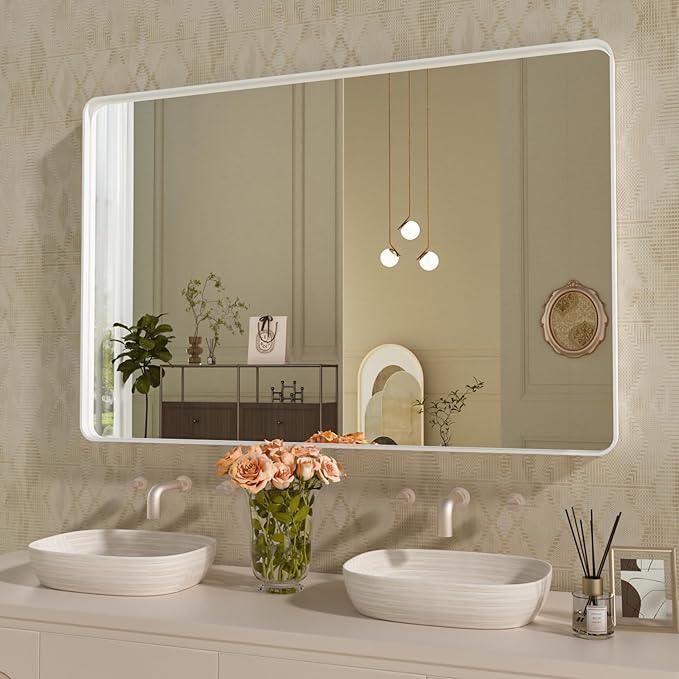 WEER White Bathroom Mirror 48X36 Inch, Rounded Rectangle White Metal Frame Mirror, Matte White Bathroom Vanity Mirror with Tempered Glass, Anti-Rust, Hangs Horizontally or Vertically - ModernBath