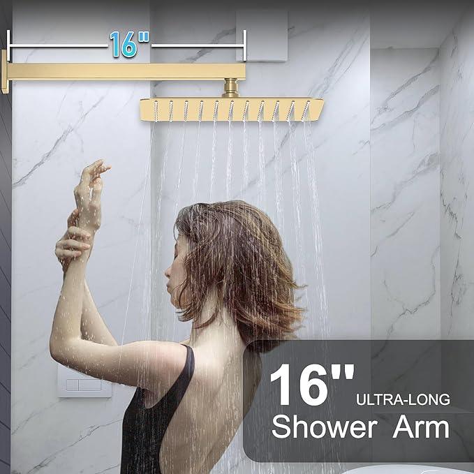 KOJOX Shower System Bathroom Luxury 10 Inch Rain Shower Head with Handheld Mixer Shower Combo Set Wall Mounted Shower Faucet Trim with Valve Brush Gold - ModernBath