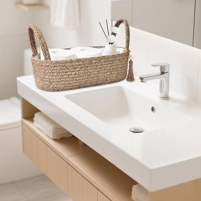 ABenkle Small Storage Basket for Toilet Tank Top - Jute Rope Woven Organizer with Handle, Boho Countertop Bathroom Decor, Toilet Paper Holder, 13x6x4 Inch - ModernBath