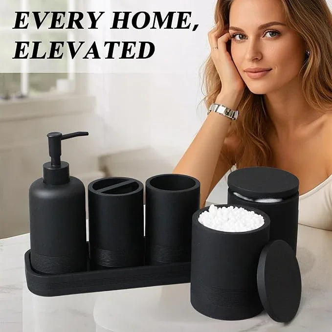 LIN CHUAN 6-Piece Bathroom Accessories Set, Organizer Set with Soap Dispenser, Toothbrush Holder Set, Vanity Tray, Tumbler & 2 Cotton Swab Jars – Modern Stylish Bathroom Storage(Matte Black) - ModernBath