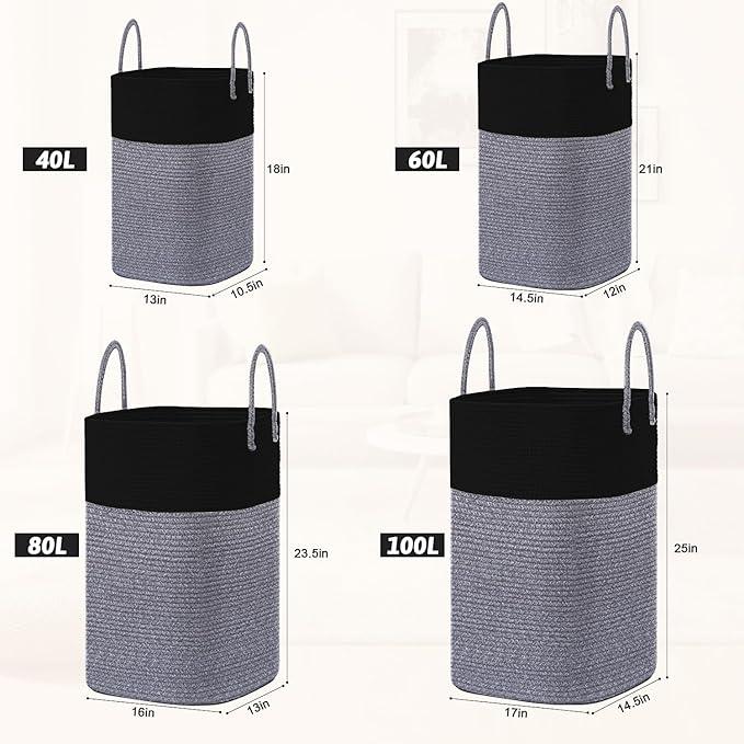 Laundry Basket,Woven Cotton Rope Laundry Hamper,Versatile Storage for Dirty Clothes,Baby Toys,and Blankets in Bathroom, Nursery,and Living Room (Black, 80L) - ModernBath