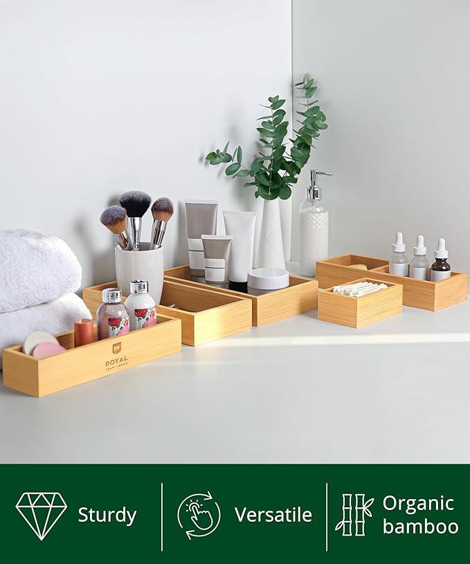 ROYAL CRAFT WOOD 5-Piece Bamboo Drawer Organizer Set – Multi-Use Storage Trays for Kitchen, Bathroom, Office, Makeup, Jewelry & More – Junk Drawer Tray, Utensil Holder, Storage Box & Bin Set (5 Boxes) - ModernBath