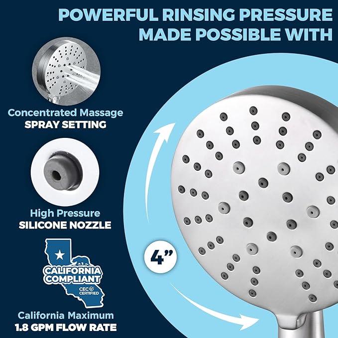 HammerHead Showers Solid Metal 3-Spray Handheld Shower Head with Long Hose and Holder, High Pressure, Wide/Massage/Mist Sprays, Brushed Nickel, 1.75 GPM - ModernBath