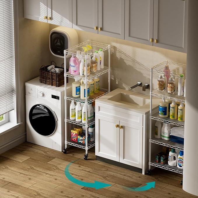 SINGAYE 5 Shelves Storage Shelf Wire Closet Bathroom Organizers Metal Pantry Kitchen Small Garage Shelving Unit Laundry Room Organization Home Narrow Rack Net Basket with Wheels White - ModernBath