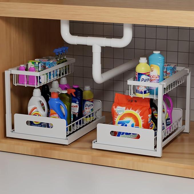 2-Tier Under Sink Slide Out Organizer, 2 Pack Pull Out Cabinet Storage Shelf with Sliding Wire Basket Drawer for Bathroom Kitchen, Countertop or Pantry Shelf, White - ModernBath