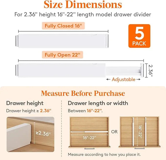 Lifewit 5 Pack Kitchen Drawer Dividers 2.36" High, 16"-22" Adjustable Drawer Organizer for Utensils/Clothes/Makeup, Plastic Expandable Separators in Dresser/Bedroom/Bathroom/Office Storage - ModernBath