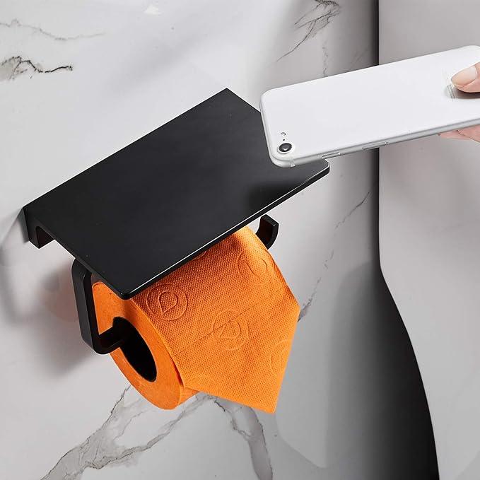 Toilet Roll Paper Holder Bathroom Solid Brass and Superior Hotel Style Wall Mount Tissue Roll Holder with Phone Shelf Matte Black Finished - ModernBath