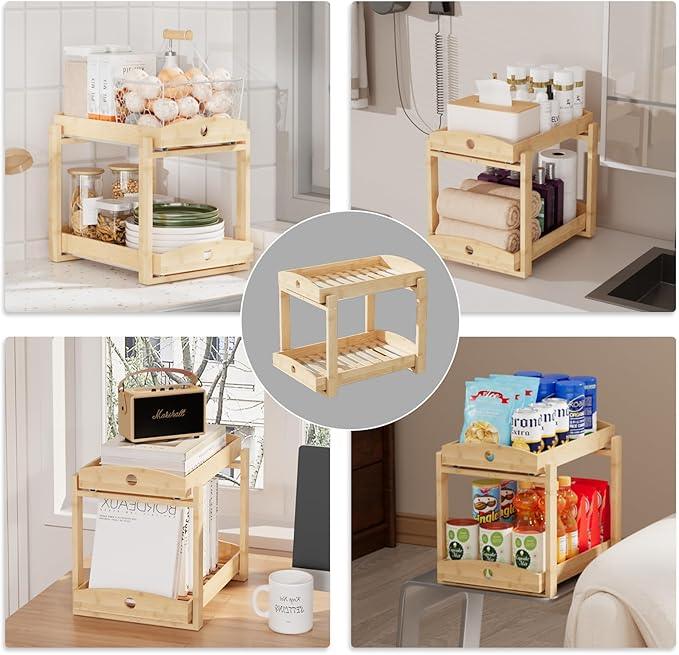 2 Pack Under Sink Organizer, Bamboo Wooden 2-Tier Pull-Out Storage with Sliding Drawers for Kitchen and Bathroom Cabinets, Easy Installation (Natural) - ModernBath