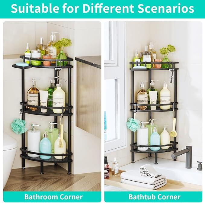 HapiRm Standing Corner Shower Caddy - 3 Tier Shower Organizer Corner with Soap Holder and 4 Hooks, Rustproof Bathroom Storage Shelves with Adhesives, Black - ModernBath