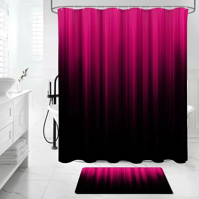 Litabel 4 Pcs Hot Pink and Black Gradient Shower Curtain Set with Rugs and Toilet Lid Cover, Modern Simple Waterproof Fabric Bathroom Set, Ombre Stripe Gothic Abstract Bathroom Decor Set Accessories - ModernBath