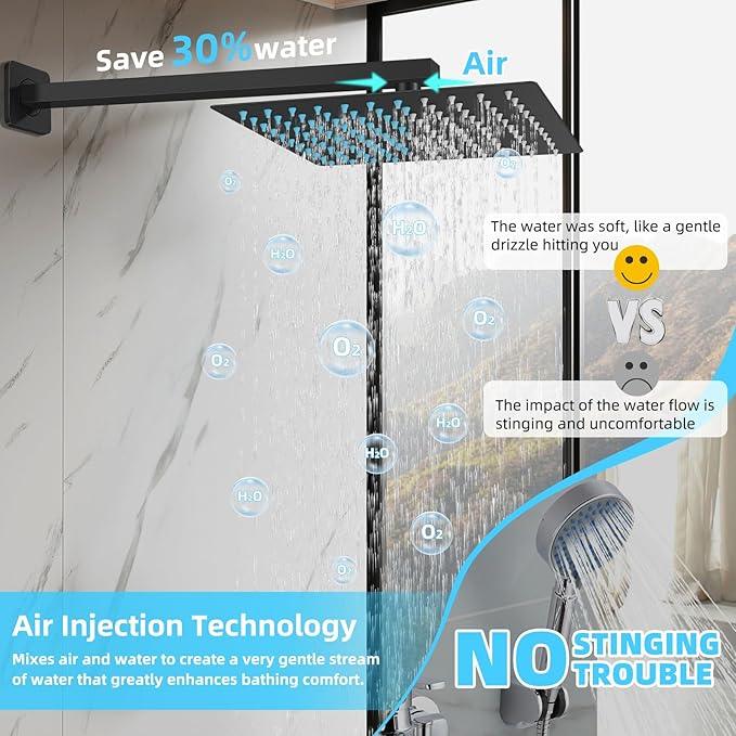 TENIGXT Bathroom Shower Faucet Set，12 Inch Rain Shower Head with Handheld Spray，Brass Shower Valve Trim Kit，Wall Mounted Square Rain Shower System (Matte black) - ModernBath
