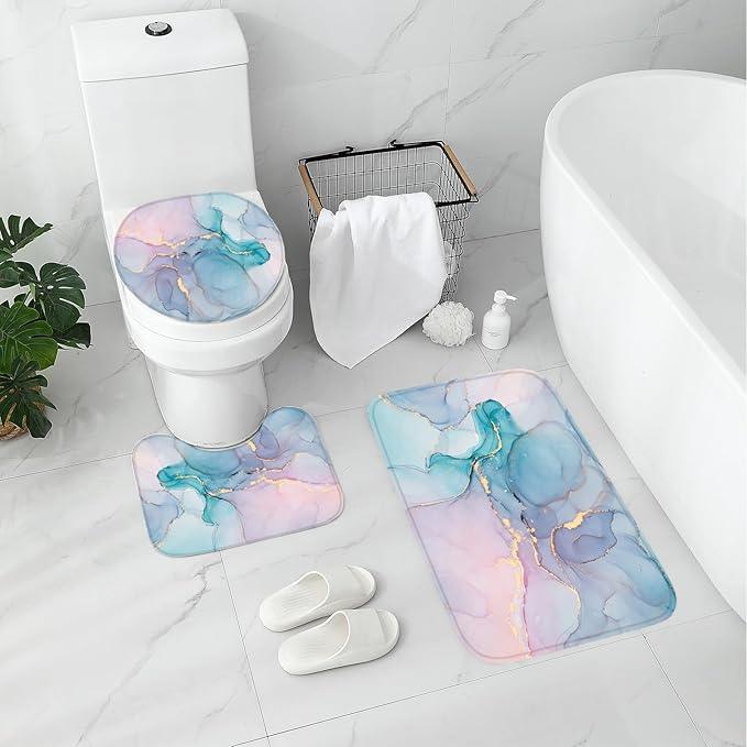 Gibelle 4 Pcs Bathroom Shower Curtain Set with Non-Slip Rugs, Toilet Lid Cover and Bath Mat, Blue Pink Marble Bathroom Decor Set with Shower Curtain and Rugs and Accessories - ModernBath
