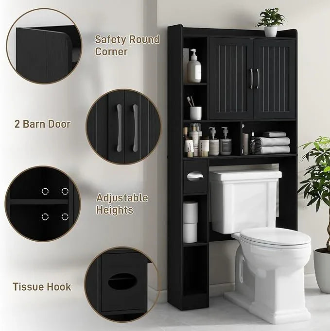 Vabches Over The Toilet Storage Cabinet, Farmhouse Storage Cabinet Over Toilet with Barn Door, Home Space-Saving Toilet Rack, for Bathroom, Restroom, Laundry（Black）. - ModernBath